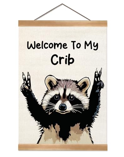 Image of ZTGDA Welcome to My Crib Wall Art,Funny Raccoon Poster Durable Man Cave Wall Decor,Raccoon Canvas Hanging Sign for Entryway, Dorm Room, Nursery or Bedroom Decor (My crib raccoon)