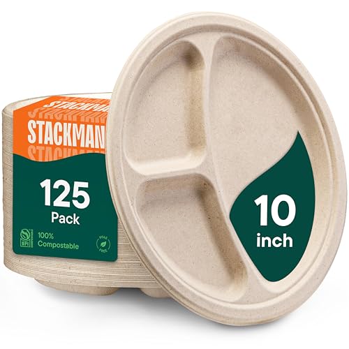 100% Compostable, 3 Compartment, Disposable Paper Plates [125-Pack] - {PFAS Free} - {BPA Certified} - [10 Inch] Heavy Duty Biodegradable Bagasse Sectional Lunch Trays + Dividers - Divided Platte Tray
