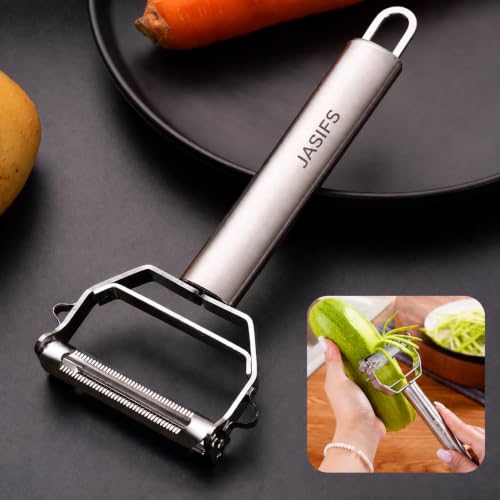 Image of JASIFS 2 in 1 Stainless Steel Julienne Vegetable Peeler Multi-Functional Fruit & Veggie Shredder Slicer and Grater for Potatoes, Carrots, Cucumbers (Silver, 18 x 8.2 x 2.3 cm)
