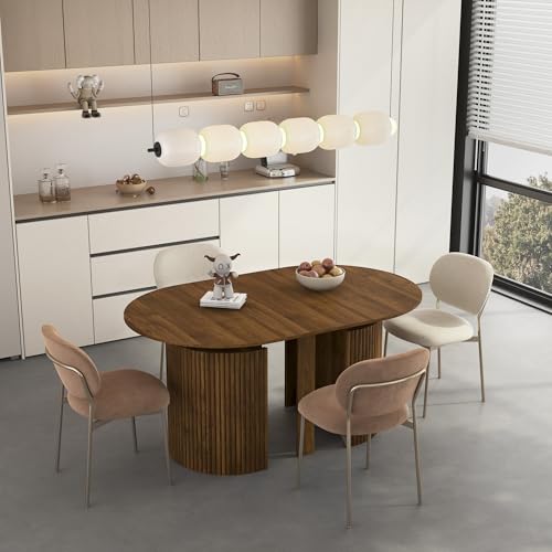 Image of 44 in-132 in Extendable Round Dining Table for 4-12, Long Large Expandable Kitchen Table with Fluted Base, Space Saving Modern Farmhouse Oval Dinner Tables for Dining Room, Kitchen, Living Room, Brown