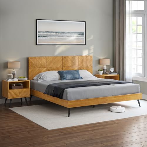 Image of Bme Rhombus King Bed Frame - Solid Rubber Wood with Geometric Rhombus Headboard, Teak Brown Finish, Scandinavian Modern Platform Bed with Sturdy Slats & Metal Legs, No Box Spring Needed