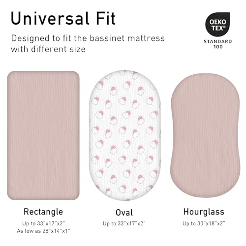 Image of Muslin Bassinet Fitted Sheets 2 Pack, Soft Breathable Cotton Baby Bassinet Mattress Sheet Set, 360 Elastic Snug Fit, Universal for Oval, Rectangle (Pink Cloud, Bassinet Sheets 2 Pack)