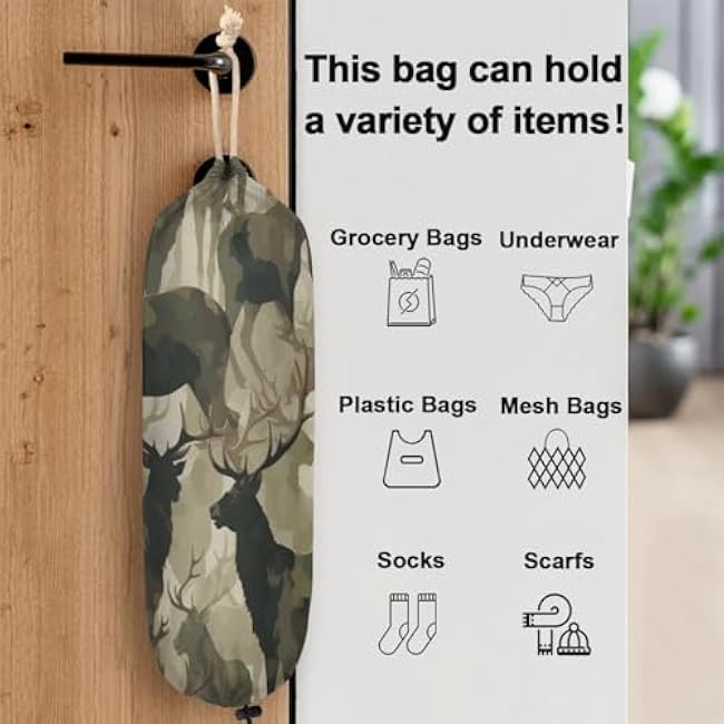 Plastic Bag Holder, Camouflage Deer Washable Grocery Bag Storage Dispenser Reusable Hanging Shopping Bags Carrier Wall Mount Plastic Bag Organizer for Home Kitchen Decor