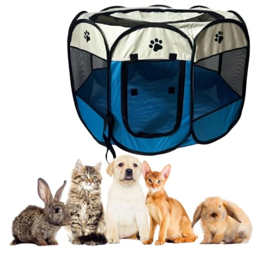 Tenda Cercado Dobrável para Pet – Portátil, com Tela Anti-mosquito, Zíper Superior e Porta Enrolável | Fácil de Montar e Transportar | Impermeável | Casinha Pet | Cercadinho | Cachorro Gato (Azul)