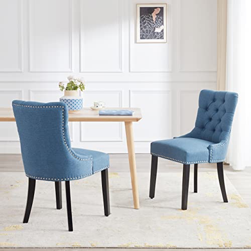 Kingfun Upholstered Dining Chairs Set Of 2, Tufted Dining Chairs With Oak Wood Legs & Nailhead Trim, Accent Fabric Dining Room Chairs, Modern Side Chairs For Kitchen/Bedroom/Living Room (Blue) #TOP1