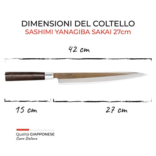 Coltello da Cucina Professionale Giapponese, Coltello Professionale in Acciaio, Lama da 27cm, Sashimi Yanagiba, Manico in Legno Trattato, Coltello da Pesce - Sakai Japan Knives - immagine 4