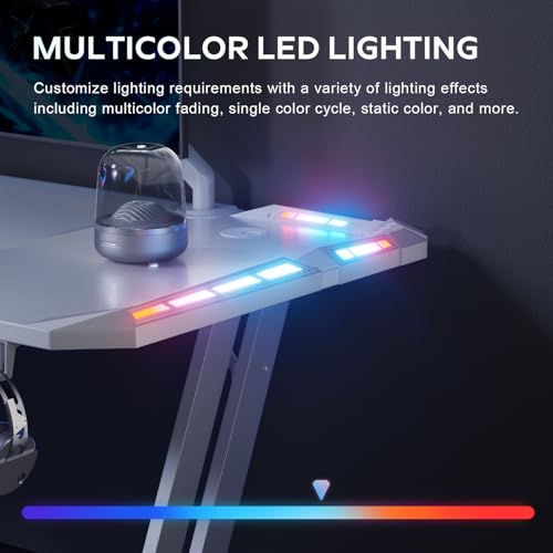 Image of HLDIRECT 47 Inch Gaming Desk with LED Lights Carbon Fibre Surface Gaming Table Large Computer Desk Ergonomic Home Office Desks Z Shaped PC Gamer Workstations with Cup Holder & Headphone Hook White
