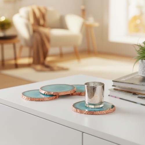 Image of Natural Agate Stone Tea Coasters Set | Premium Stone Coasters for Tea, Coffee & Glass | Heat Resistant Coasters for Dining Table, Office Desk & Home Decor | Pack of 4 | Color -Turquoise