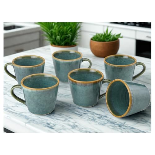 Image of Bodhi House Handmade Reactive Glaze Ceramic Tea Cup Set of 6 Pieces (175 Ml), Stoneware Coffee Mug, Microwave Safe Small Tea Cup, Ideal for Daily use, Casual Gatherings and Gifting, Ocean Green