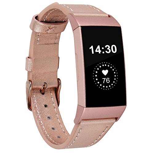 Genuine Leather Bands Compatible for Fitbit Charge 4 / Charge 3 / Charge 3 SE Bands, Classic Replacement Accessories Strap Genuine Leather Wristbands Metal Women Men Small Large Rose Gold