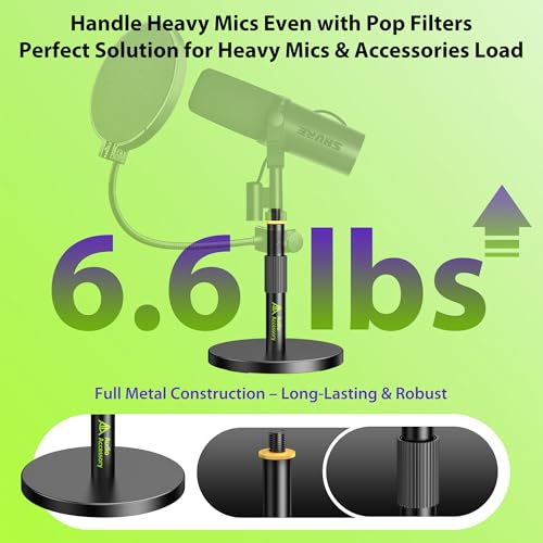 Image of AA AUDIO ACCESSORY Short Mic Stand Desk, Ultra Low 5 Inch Adjustable, 6.6lbs Load Capacity, All-Metal Desktop Microphone Stand Table for Shure SM7B SM7dB MV7+ MV7X MV6, Fifine Yeti Rode PodMic MAONO