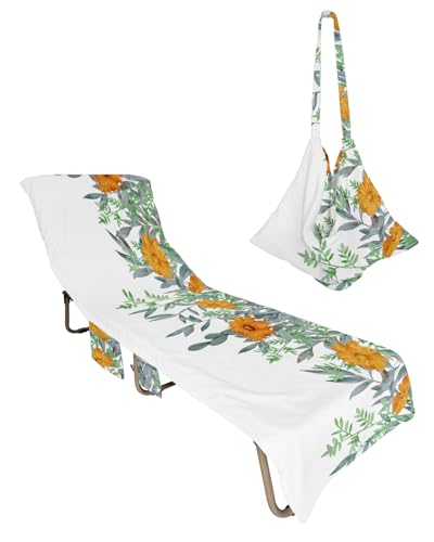 Orange Spring Floral Beach Lounge Chair Towel Cover, Soft Chaise Lounge Towel with Side Pockets Patio Pool Chairs Cover for Beach/Pool Sunbathing 29x85 Teal Green Summer Pastoral Botanical