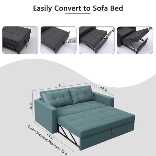 Image of CASASTYLE Trissa 2 Seater Pull-Out Premium Fabric Sofa Cum Bed Sofa Set for Living Room (Sky Blue Fabric-Color)