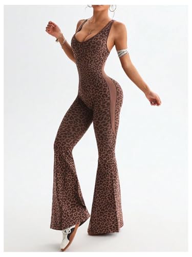 Image of Verdusa Women's Cheetah Print Workout Sets Yoga Jumpsuit Criss Cross Sleeveless Work Out Clothes Flared Pants Jumpsuits