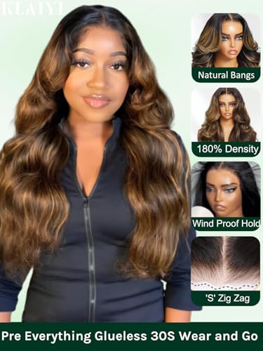 Image of KLAIYI Bye Bye Slip Ombre Balayage Brown Loose Body Wave 7X5 Pre Cut Lace Front Human Hair Wig Drawstring Glueless Highlight Pre Plucked Bleached Knots Wig with Face Framing Bangs 180% Density 24Inch