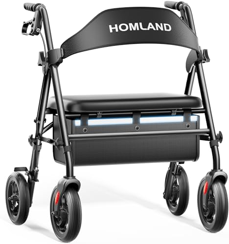 HOMLAND Bariatric Walkers for Seniors, 500lb Heavy Duty Rollator Walker with Extra Wide Padded Seat, 8” All Terrain Foldable Rolling Walker with Dual-Height Adjustable