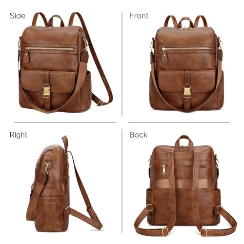 Image of KKXIU Backpack Purse for Women - Multi-pocket Leather backpack for Travel, Work & School with Anti-Theft Lock Pocket, Luggage Strap & Water Bottle Pockets - 13x14x5.2 Inch (B-Brown)