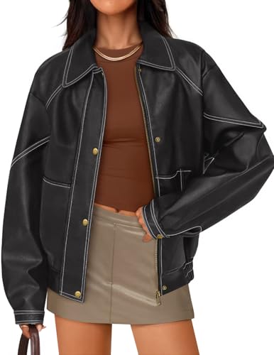 ZESICA Women's Faux Leather Jacket Oversized Zipper Motorcycle Co...