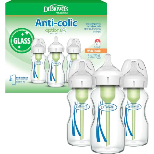 Image of Dr. Brown's Anti-Colic Options+ Wide-Neck Glass Baby Bottle, 9 oz, 3-Pack | Clinically proven to reduce colic, glass bottles with Level 1 slow flow nipple, 0m+, BPA-free