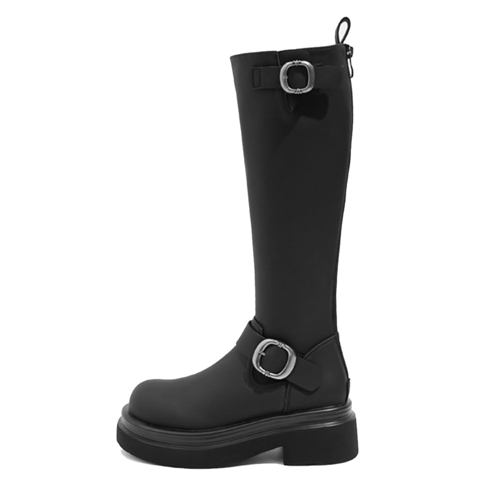 Botas De Montar Mujer Tacón Grueso Punta Redonda A Media Pantorrilla para Otoño Invierno Exterior Y Uso Diario Cuero PU Transpirable Forro Cálido