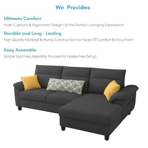 Image of Casaliving Seams RHS 4 Seater L Shape Sofa for Living Room (Black Fabric) Premium Fabric Sofa