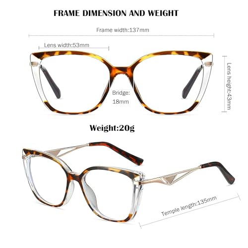 Image of Tortoise & Clear Acetate Cat-Eye Blue Light Blocking Glasses - Geometric Metal Temples with Art Deco Accents, Screen Protection for Work /Gaming, Fashion-Forward Eyewear Accessories (Unisex)