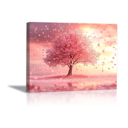 Tableau décoratif salon paysage cerisier rose et crépuscule doré 70x100