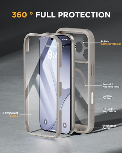Image of Miracase for iPhone 17 Pro Max Case 6.9 inch Full-Body Phone Case with Built-in Glass Screen Protector& Full Camera Protector,[Magnetic with MagSafe] Drop Proof 17 ProMax Cover, Grey Titanium