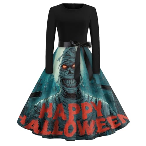 Vestido midi mujer Halloween manga larga vestido calabaza cómodo talla A