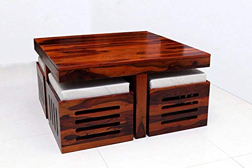 Image of Jangid Handicraft Solid Sheesham Wood Coffee Table with 4 Stool | Square Sofa Centre Table with Stool | Tea Center Table with 4 Stools for Living Room | Patio Teapoy Table with Four Puffy, Dark Honey