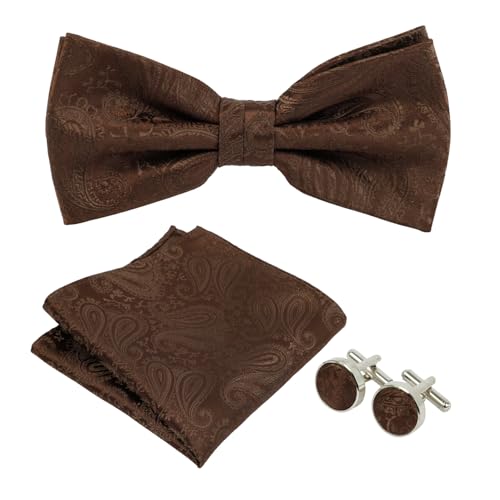PAPA LEGGENDA Brown Paisley Mens Bow Tie Pre Tied Adjustable Length with Pocket Square and Cufflinks Set 3PCS