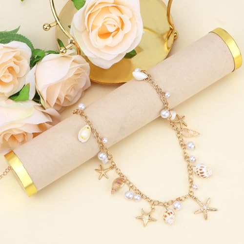 Seashell Starfish Waist Chain Belt for Women Mermaid Costume, Gold Starfish Body Chain with Seashell Pearls for Mermaid Outfit Beach Accessories Dress2