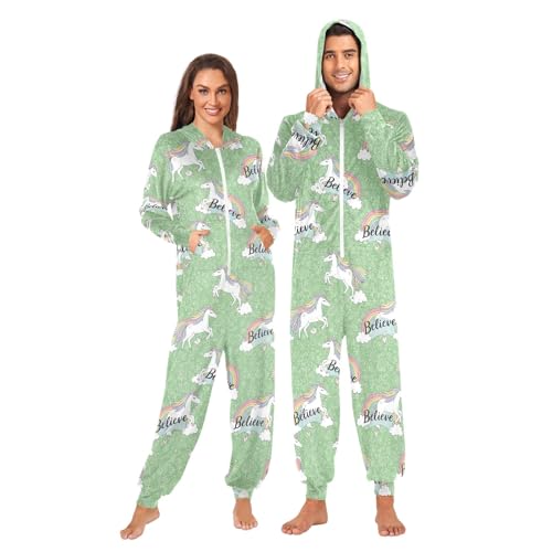 CHIFIGNO Lindo pijama de unicornio verde de una pieza para adultos, disfraz de Halloween, cosplay, pijamas de Navidad, Bonito unicornio verde, Small