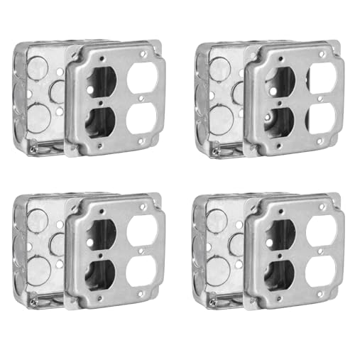 4x4 Square Juntion Box with 2-Gang Duplex Receptacle Cover-4 Sets Galvanized Steel Electrical Box with 10 * 1/2 & 6 * 3/4 Knockouts Standard Square Metal Outlet Box-with Screws