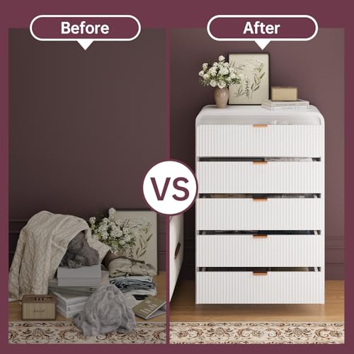 FURSUN Fluted 5 Drawers Dresser for Bedroom, 48" Tall Wooden Modern Dresser with Metal Handle, Curved Profile Design, Storage Organizer for Living Room, Hallway (White)