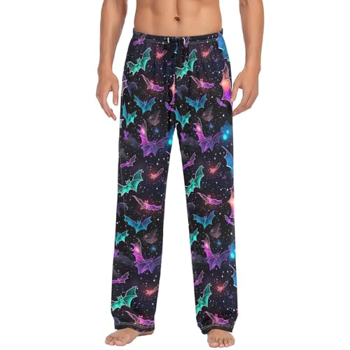 Men's Colorful Bat Pajama Pants with Pockets - Straight Fit Cotton Sleep Bottoms for Lounge & Nightwear#6342