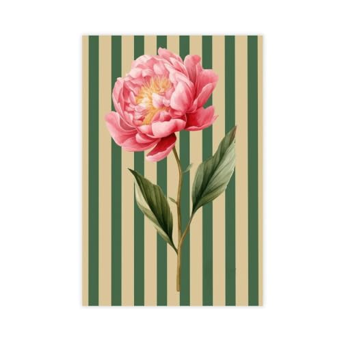 Impression pivoine rétro fond rayé floral rustique sur toile