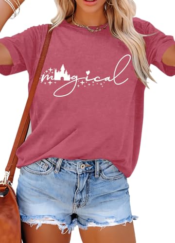 Magical Shirt for Women Magic Kingdom Tshirt Family Vacation Tee Castle Graphic Short Sleeve Tops Pink