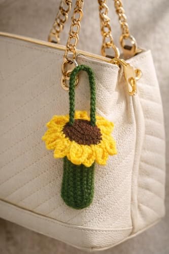 Image of Handmade Crochet Sunflower Lipstick Holder for Purse | Cute Lip Balm Holder Keychain | Bag Charm Accessory for Women & Girls