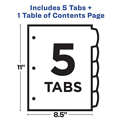 Avery 5 Tab Dividers For 3 Ring Binders, Customizable Table Of Contents, Multicolor Tabs, 1 Set (11840) #TOP3