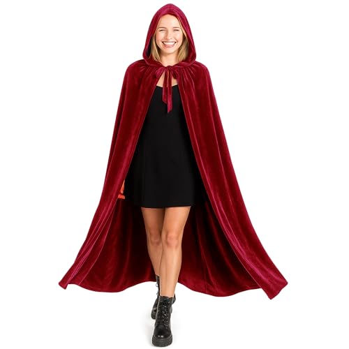 various Capa vermelha escuro com capuz veludo disfarce de vampiro Halloween e carnaval, capa disfarce adulto para mulher e homem, 150 cm