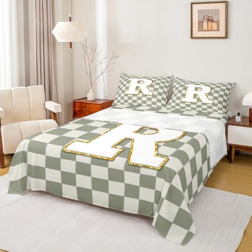 Image of Erosebridal Sage Green Checkered Bedding Set King Plaid Initial R Bed Sheets Personalized Monogram Sheet Set Kids Boys Girls,Fashion Grids Gingham Fitted Top Sheets 4 Piece