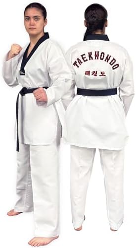 Daedo Taekwondo Uniform - Black Neck, WT Recognized, Ribbed Polyester, Includes Pants & Top with Embroidered Taekwondo