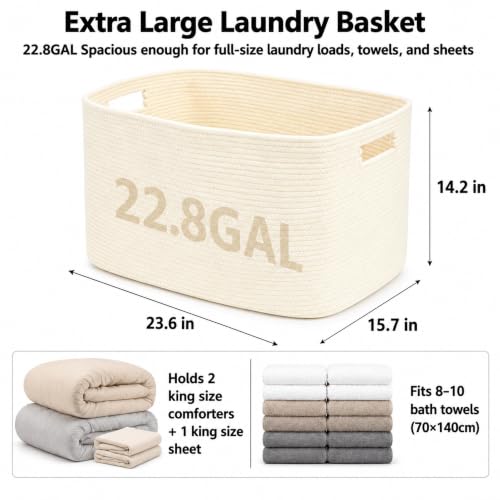 Image of 22.8GAL Xl Extra Large Laundry Basket for Bathroom, Dorm Dirty Clothes, Sturdy Portable Aesthetic Boho Cute Woven Storage Shoes Blanket Baskets for Living Room Decor Girls Boys Pets Toys Beige