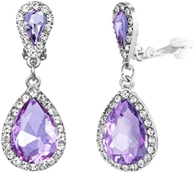 Classic Austrian Crystal Tear Drop Clip on Dangle Earrings for Women Girls (Light purple)
