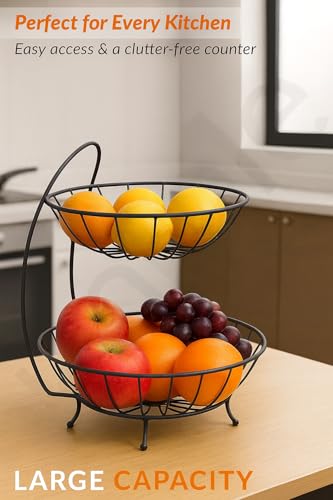 Image of 2-Tier Metal Fruit Basket Stand for Kitchen Counter | Double Layer Fruit Bowl Organizer for Vegetables, Fruits & Snacks | Rust-Resistant Iron Wire Basket for Home & Dining Table (23x32x28 cm)
