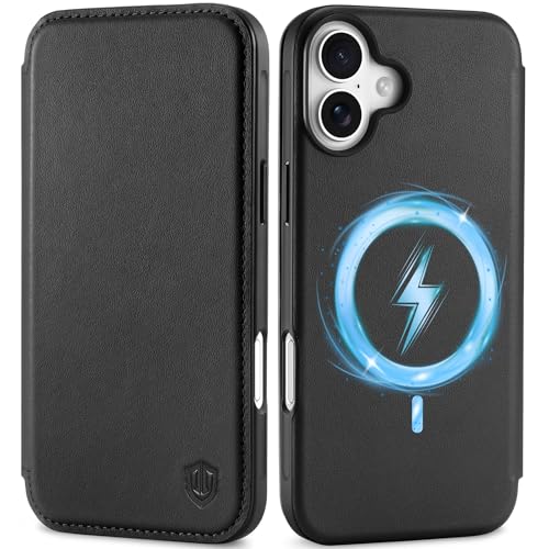 SHIELDON Case for iPhone 16 5G 6.1″,Genuine Leather Slim Wallet Case with [Card Holder][RFID Blocking][Magnetic Wireless Charging] Shockproof Flip Phone Cover Compatible with iPhone 16 2024 – Black