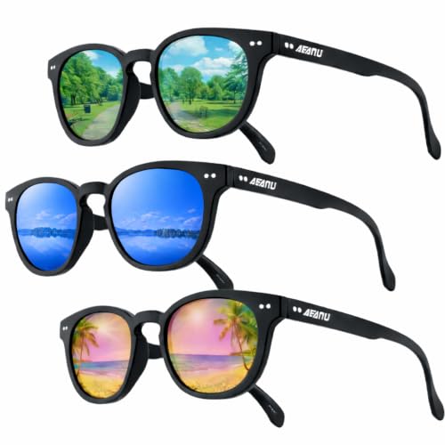 AEANU kids Polarized Sunglasses for pre-teens – Color Mirror Lenses with UV400 Protection – Lightweight Matte round Frame for cycling, Beach Days & Everyday Outdoor Use (3Pack - Green/Blue/Pink)