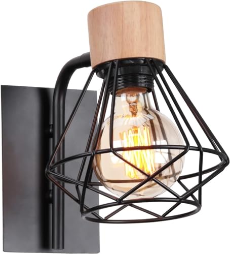 Aplique de pared madera granja, accesorio iluminación, jaula alambre negro, pantalla lámpara, luz montaje en Industrial, apliques ajustables