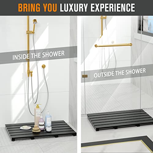 Bath Mat for Bathroom Luxury Shower - Non-Slip Bamboo Wooden Waterproof Floor Mat for Indoor or Outdoor Use(Black)